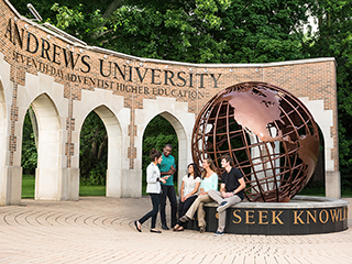 Andrews University campus entrance and students