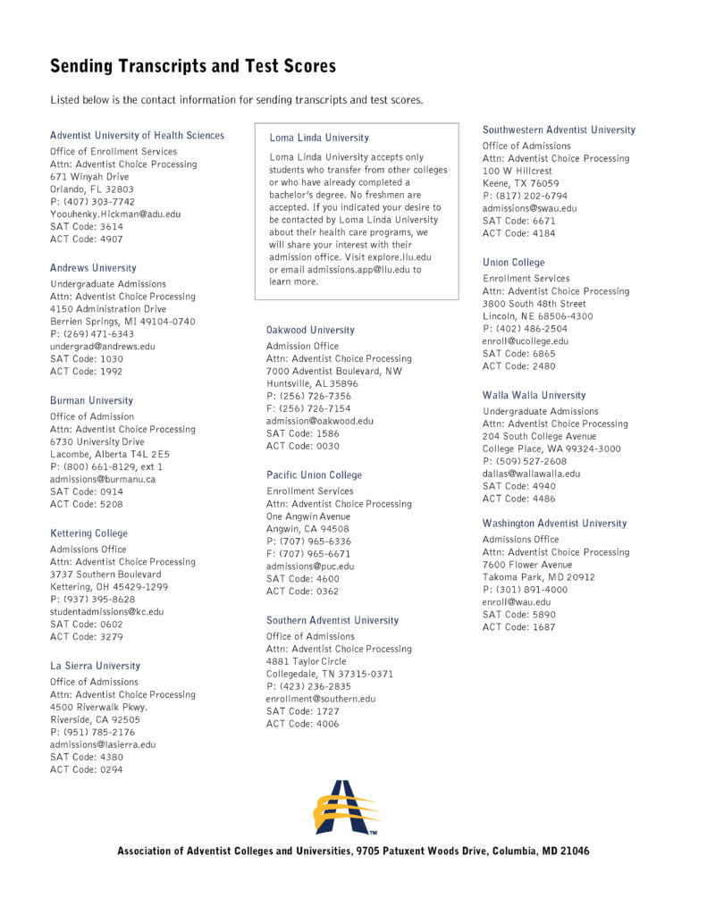Sending Transcripts and Test Scores - Adventist Colleges