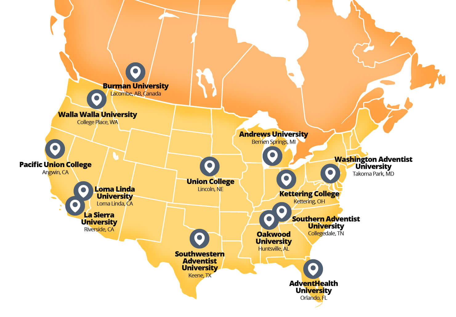 Universities In Canada Map Map of Adventist Colleges and Universities   Adventist Colleges